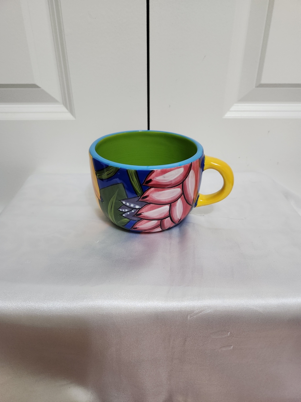 Starbucks Ceramic Blue Floral Mug with Green Interior and Yellow Handle